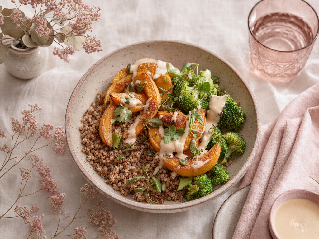 Тёплая миска с гречкой и запечёнными овощами